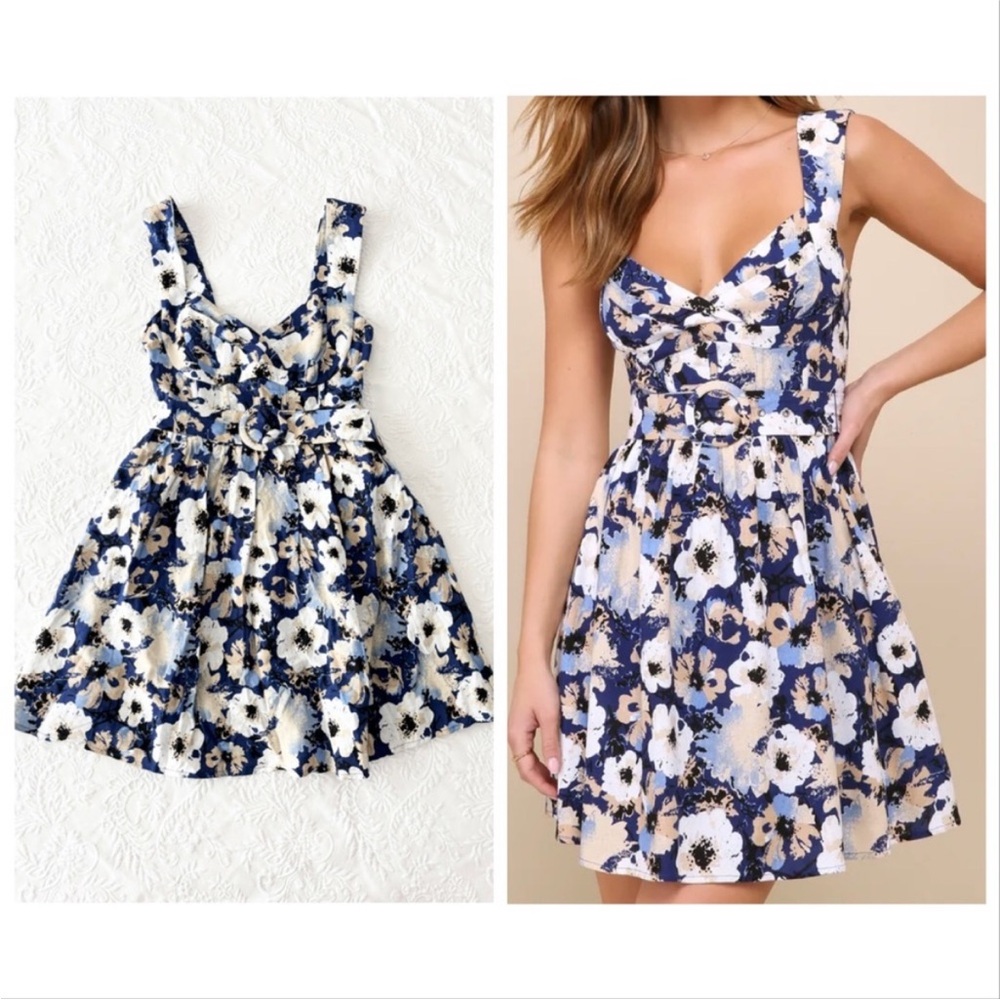 NWOT Lulus Sunny Attraction Navy Floral Linen Bustier Belted Mini Dress Small